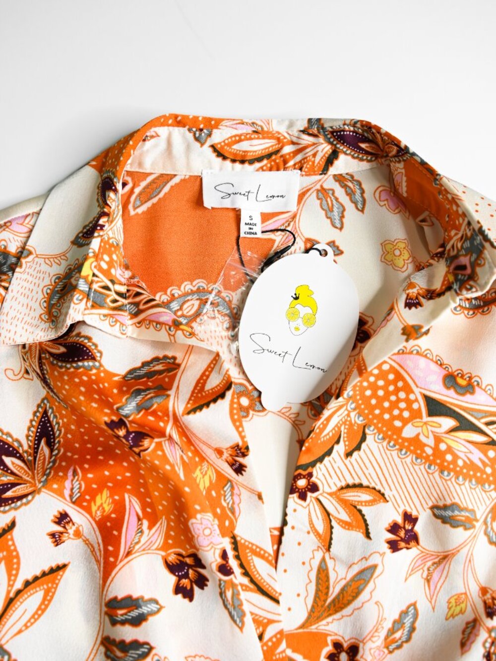 SWEET LEMON Orange Floral Collared Long Sleeve V-Neck Mini Dress - Size Small - Picture 5 of 10